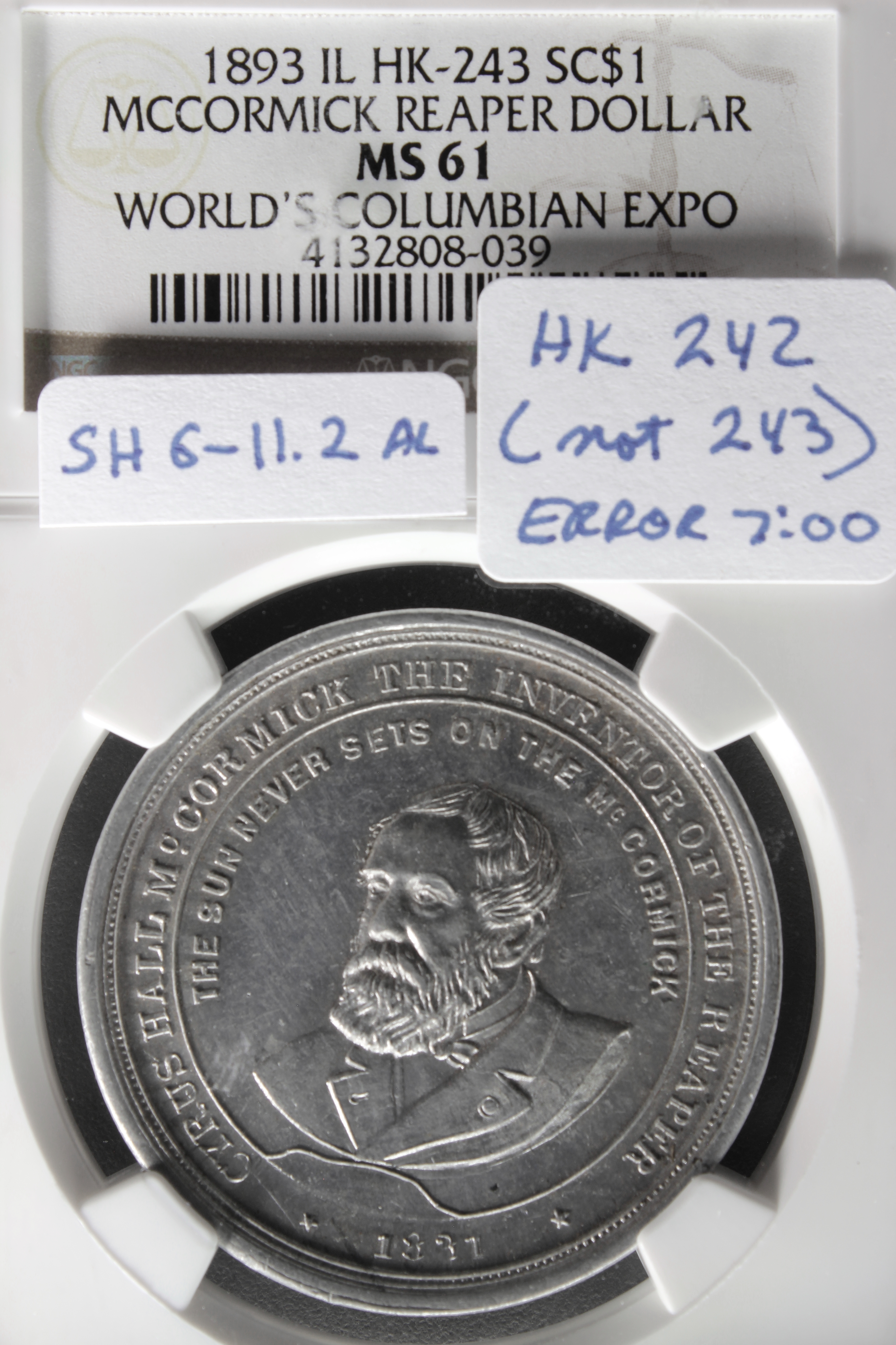 HK-242 1893 Columbian McCormick Reaper “Type 3” SCD – unusual error
