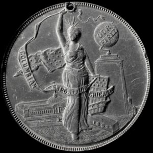 HK-240 UNL 1893 Columbian Quint Columbia Standing Holding Ribbon with Columbus Discovery of America SCD – White Metal