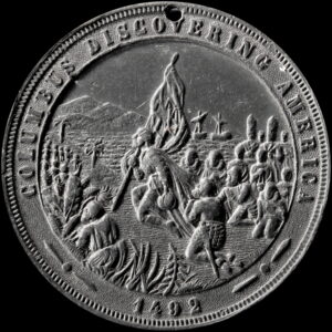 HK-240 UNL 1893 Columbian Quint Columbia Standing Holding Ribbon with Columbus Discovery of America SCD – White Metal
