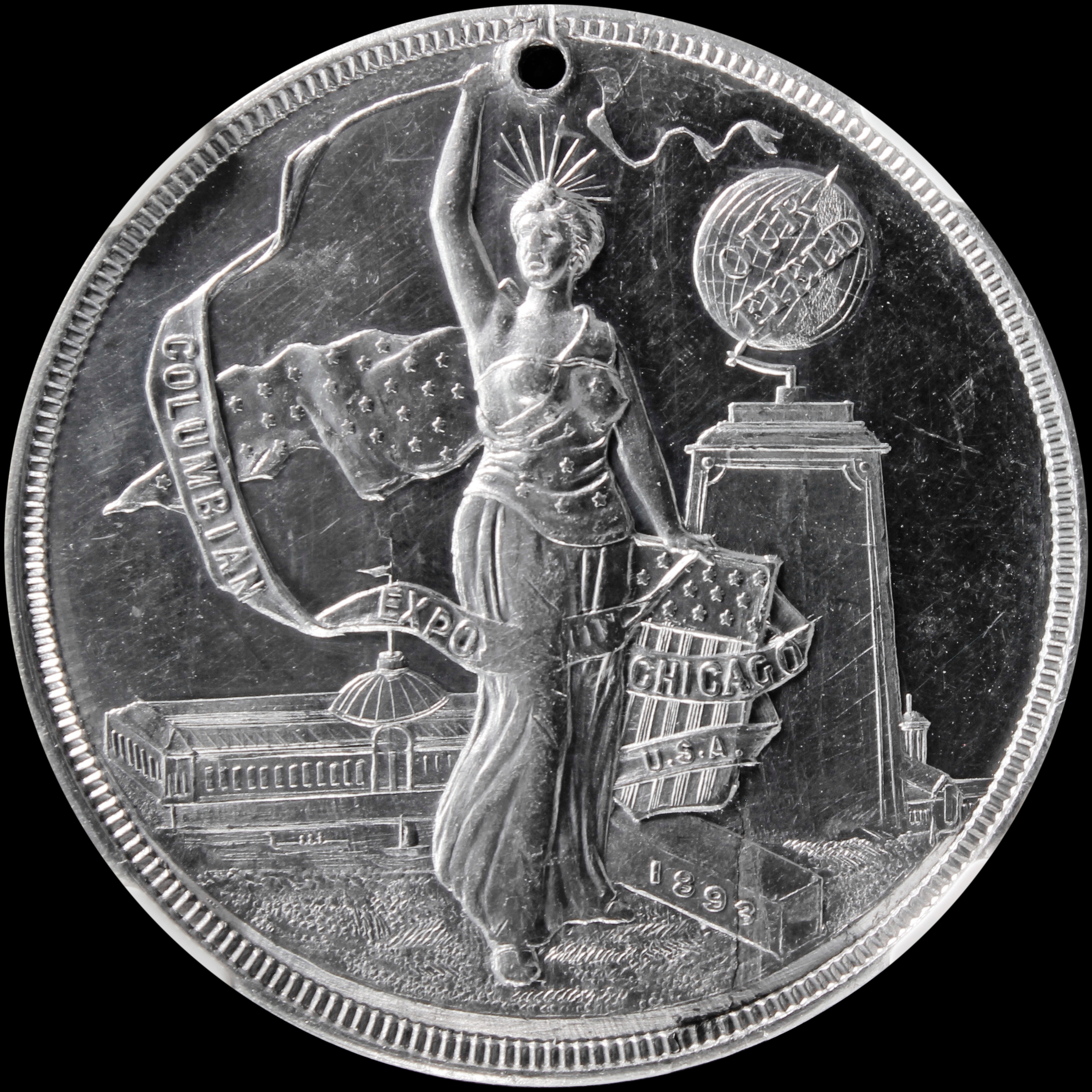 HK-240 1893 Columbian Quint Columbia Standing Holding Ribbon with Columbus Discovery of America SCD – Copper