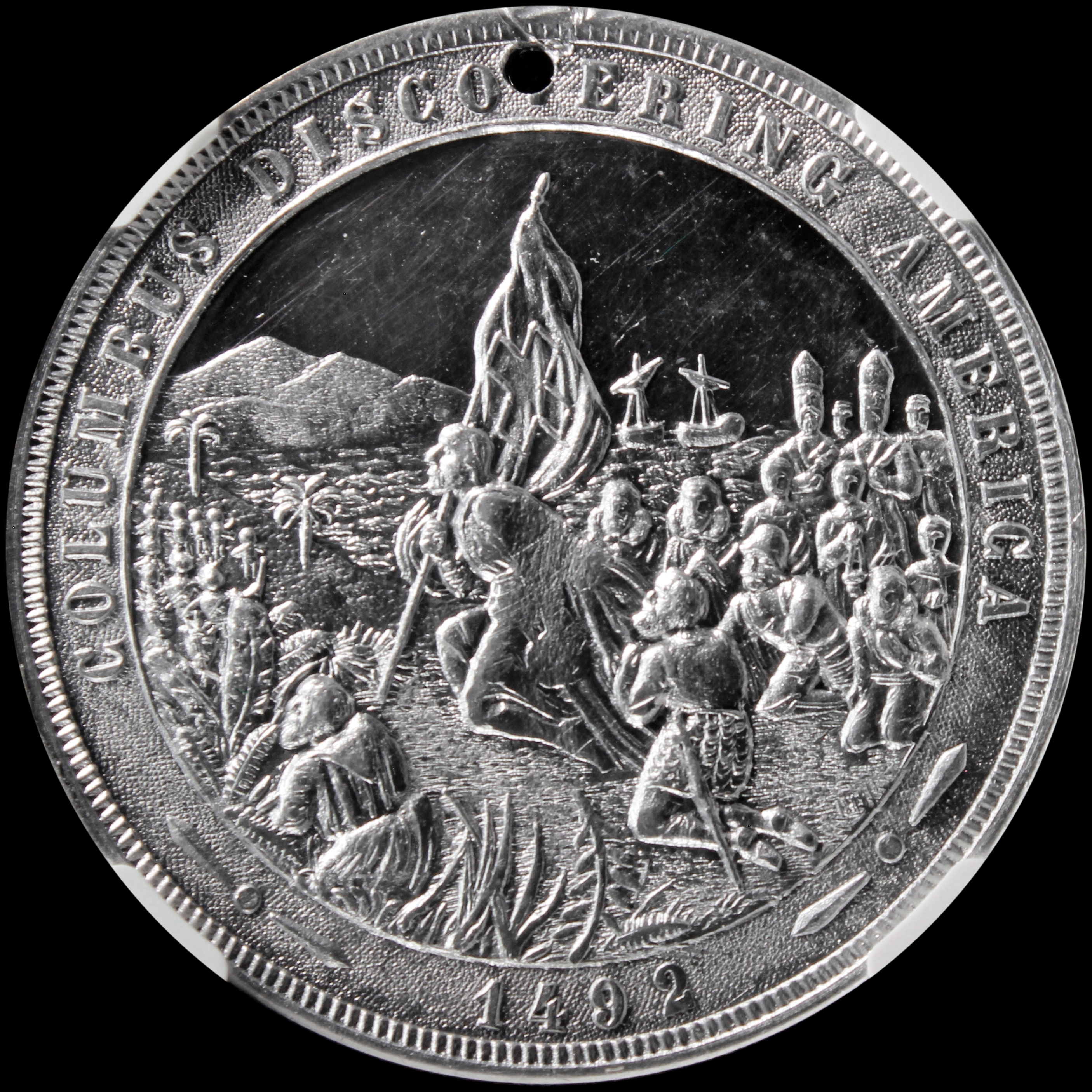 HK-240 1893 Columbian Quint Columbia Standing Holding Ribbon with Columbus Discovery of America SCD – Copper