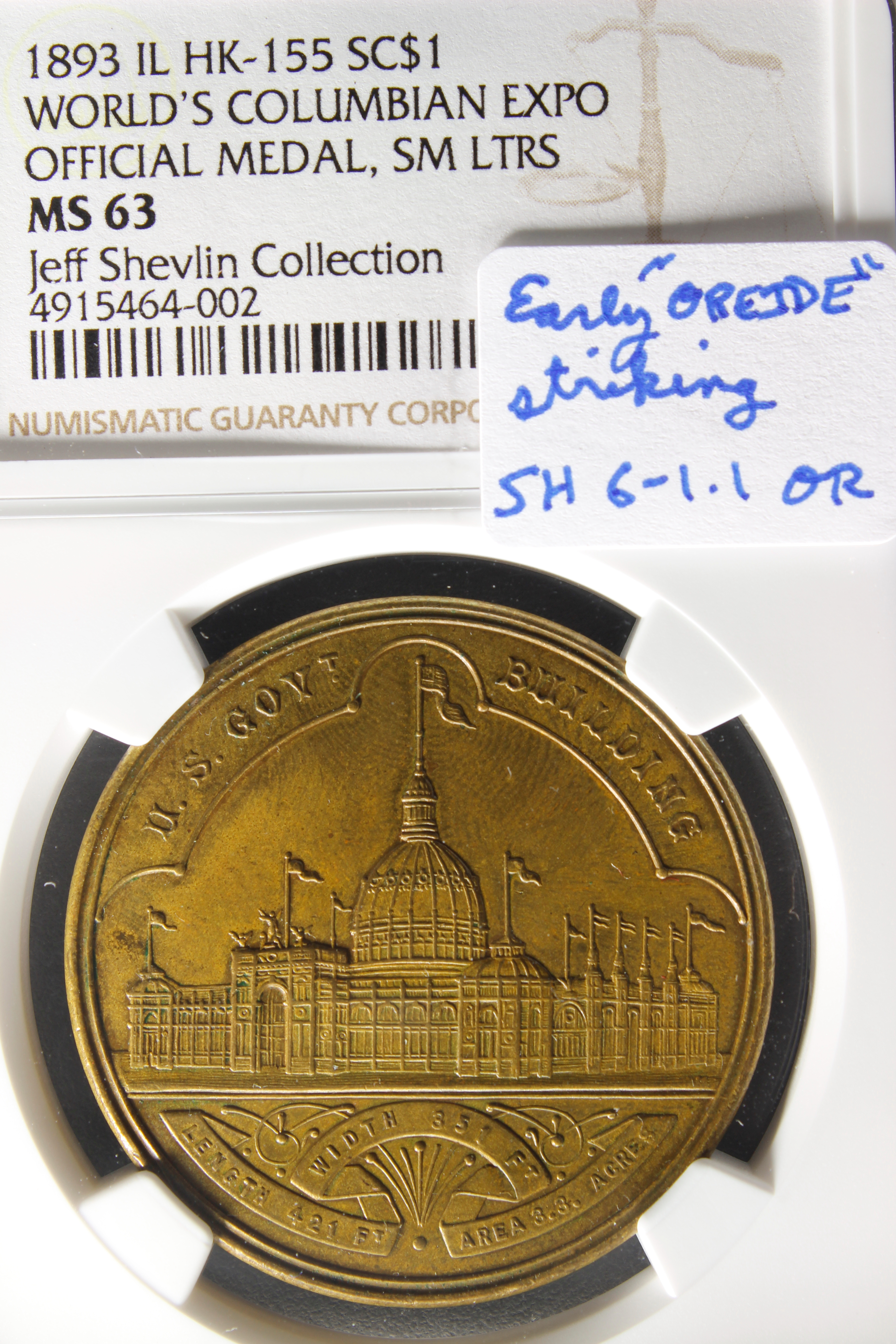 HK-155 1893 Columbian Exposition “Oreide” Two Pearl Variety Small Letters Official SCD