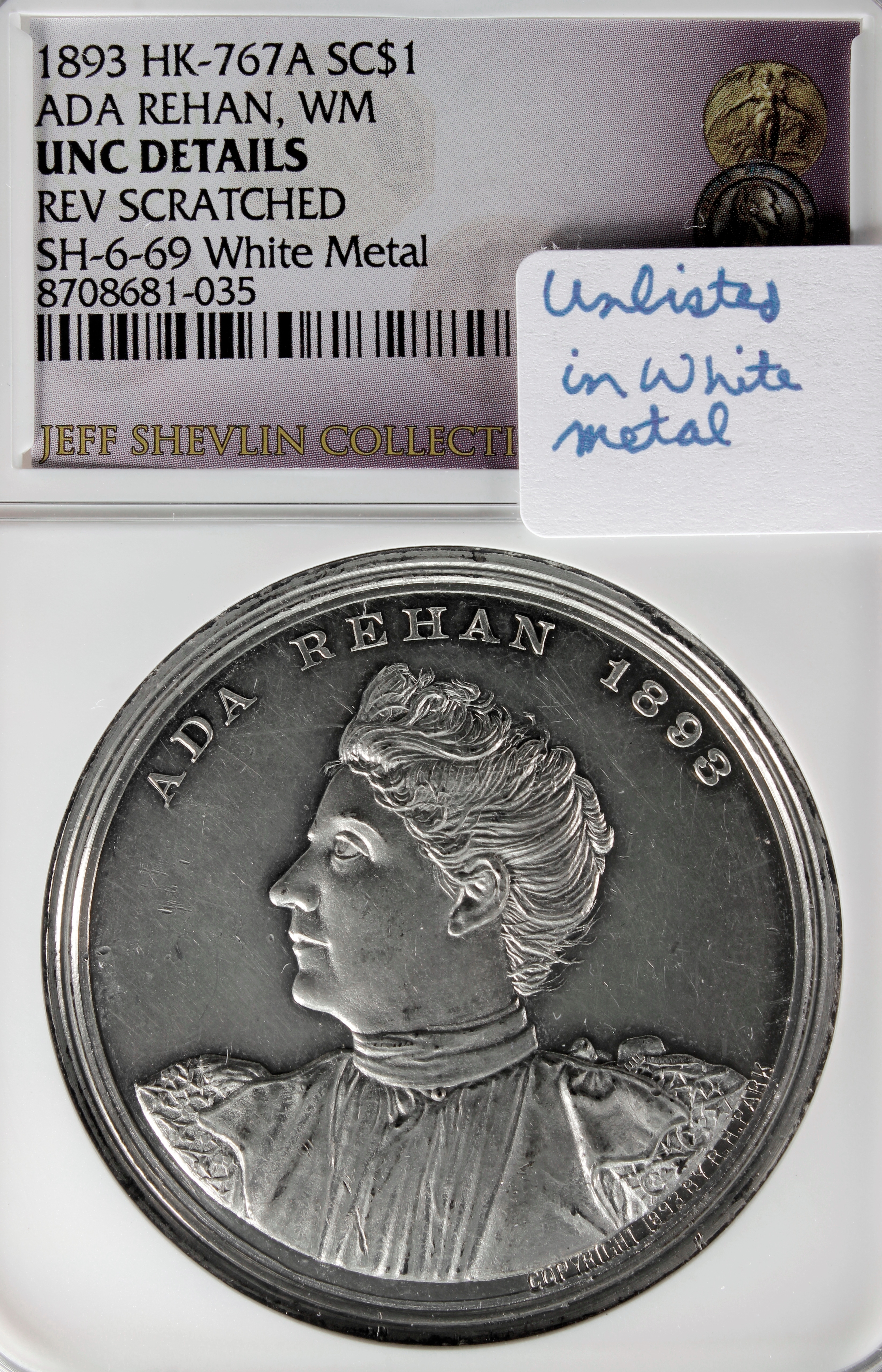 HK-767A 1893 Columbian Montana State Ada Rehan SCD – Unlisted in White Metal