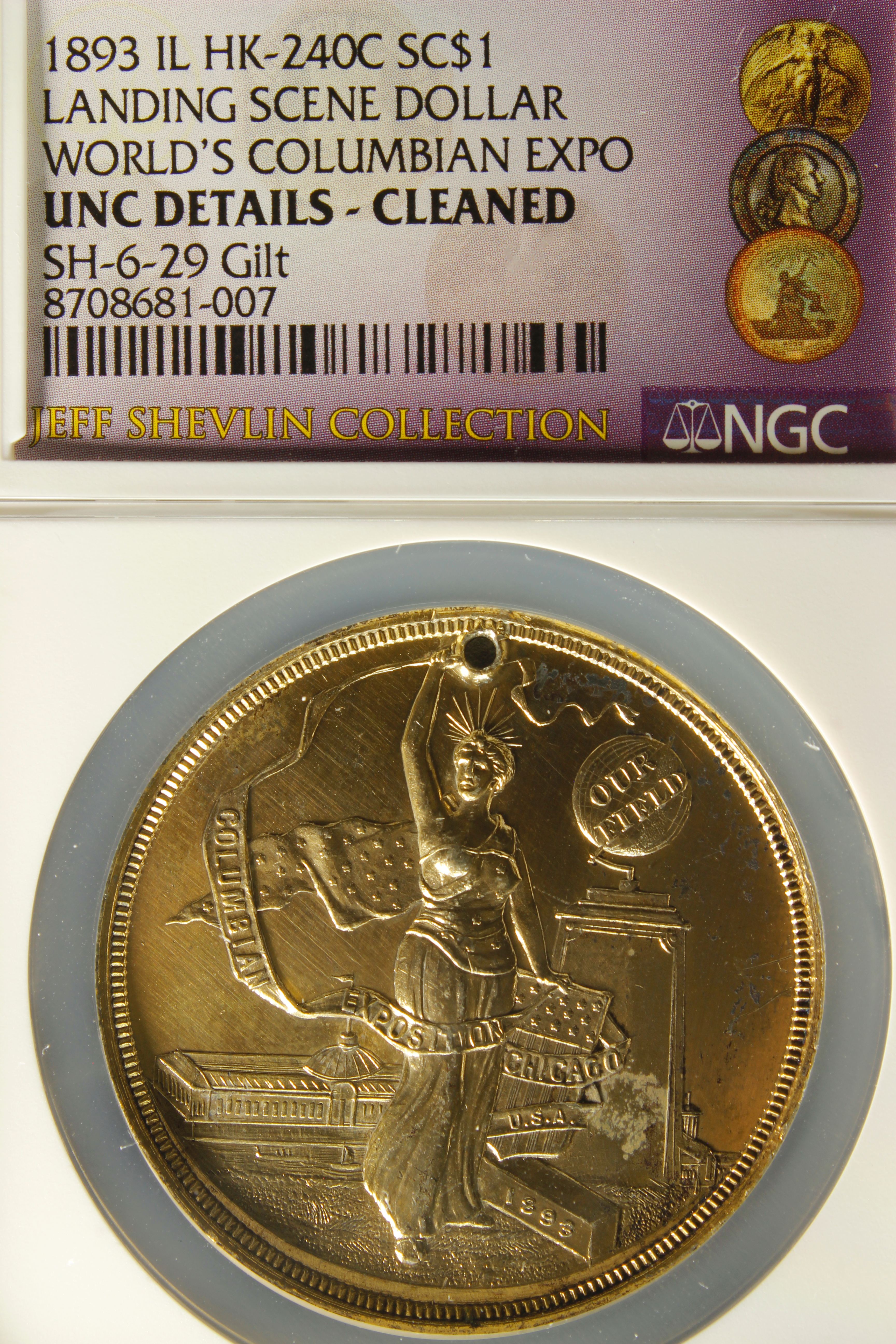 HK-240C 1893 Columbian Quint Columbia Standing Holding Ribbon with Columbus Discovery of America SCD – White Metal