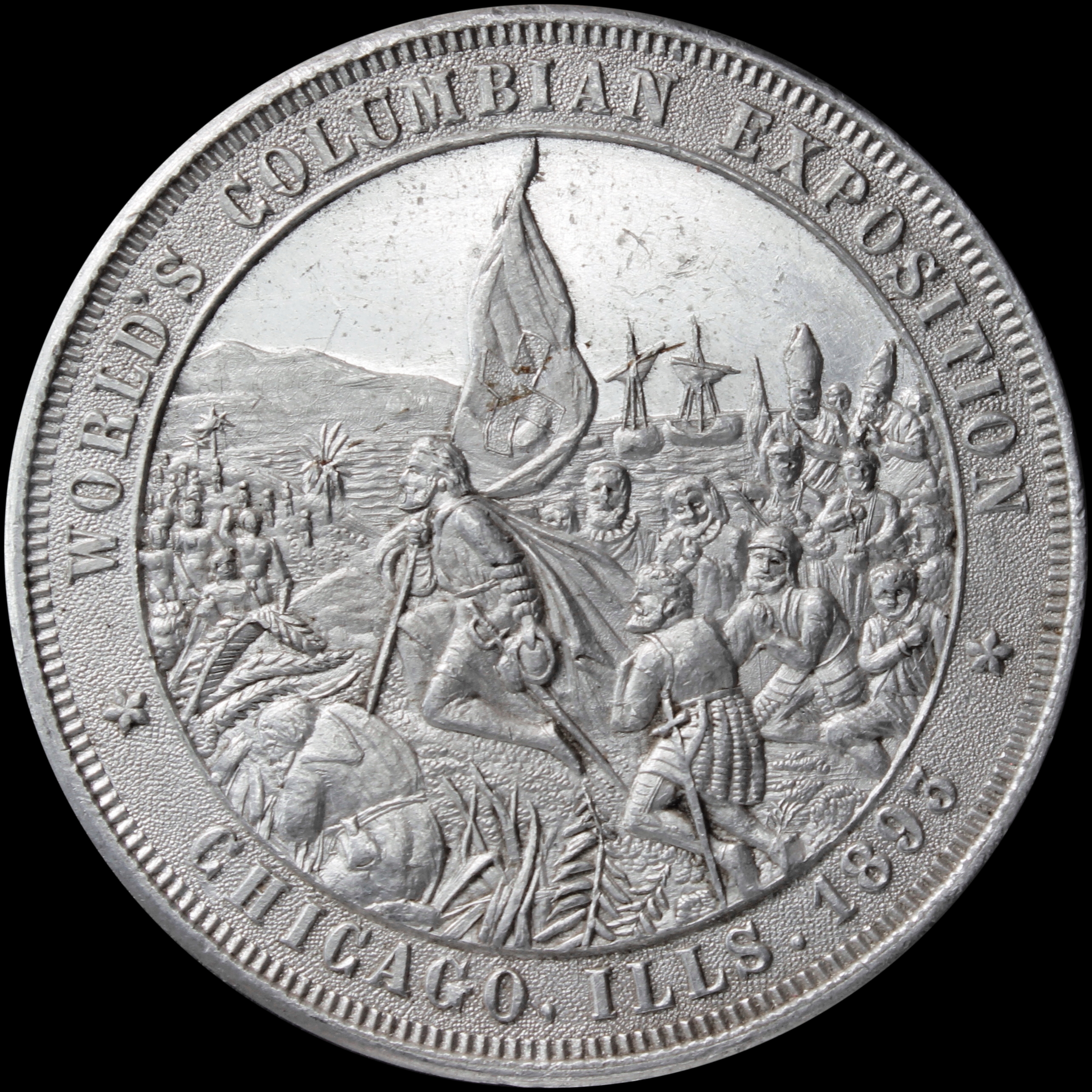 HK-232A 1893 Columbian Quint & Son Die Sinker Store Card Columbus Discovering America Tall Flag SCD