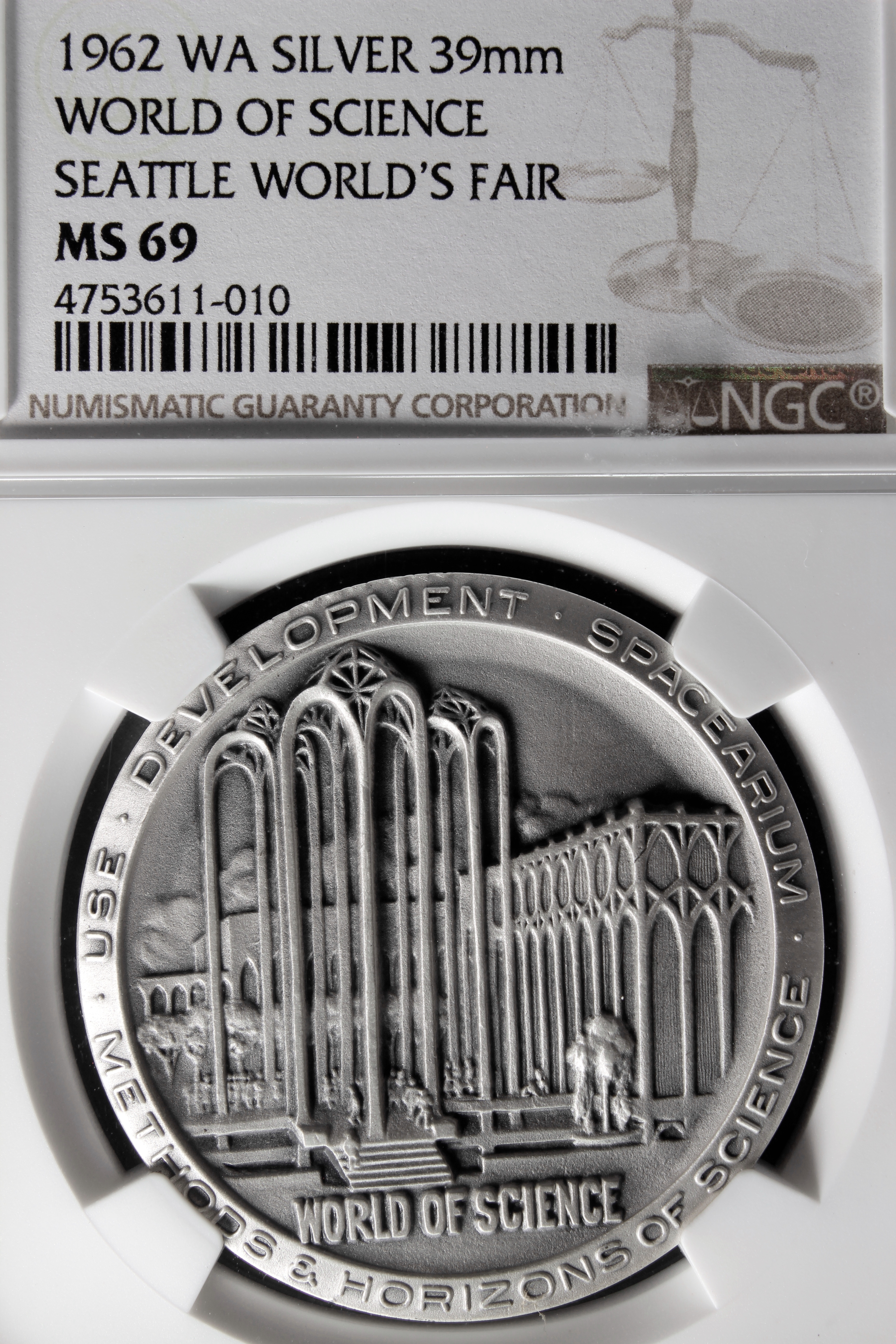 1962 Century 21 Exposition High Relief Silver World of Science SCD