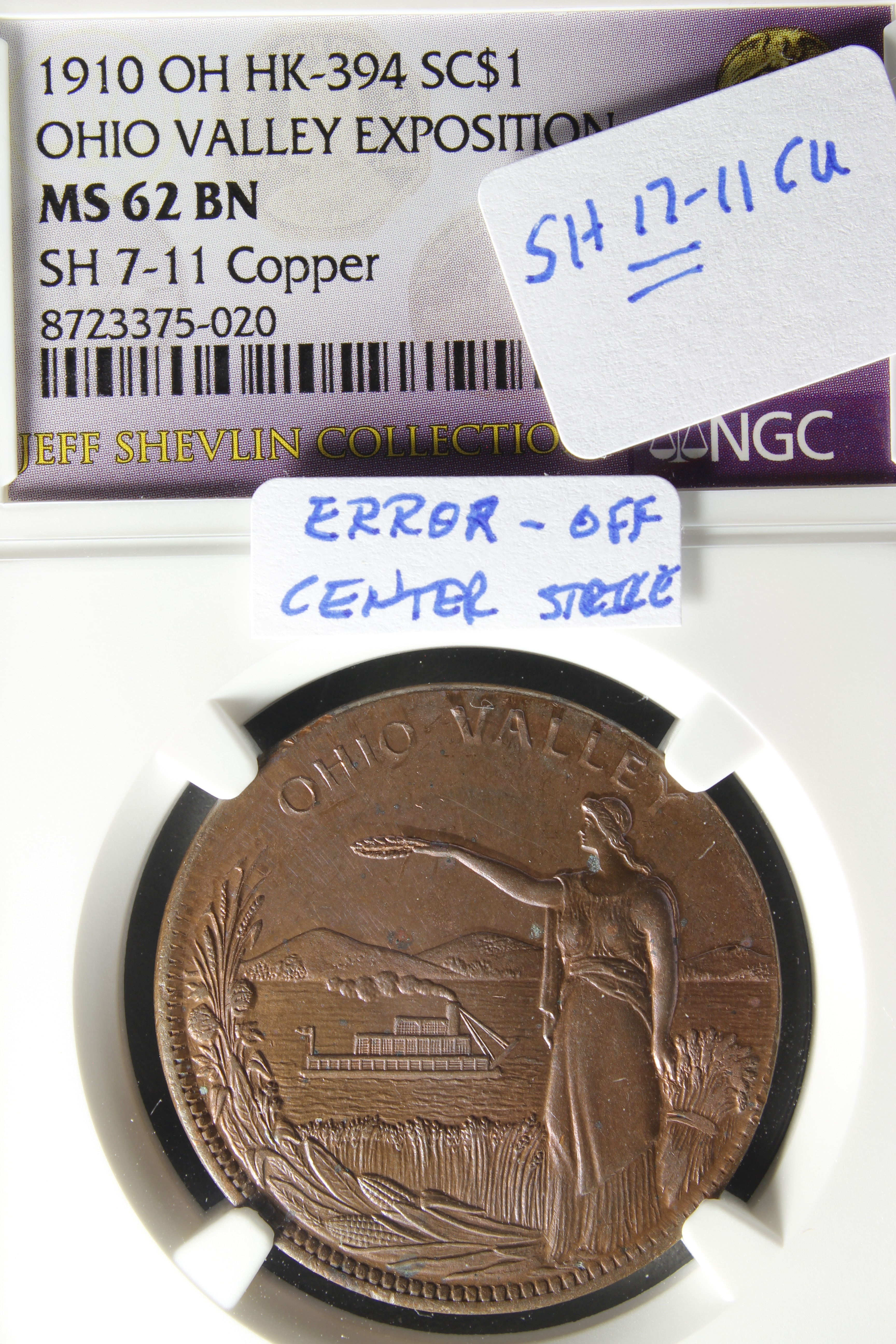 HK-394 1910 Ohio Valley Exposition Official SCD – Copper – ERROR Off Center Strike