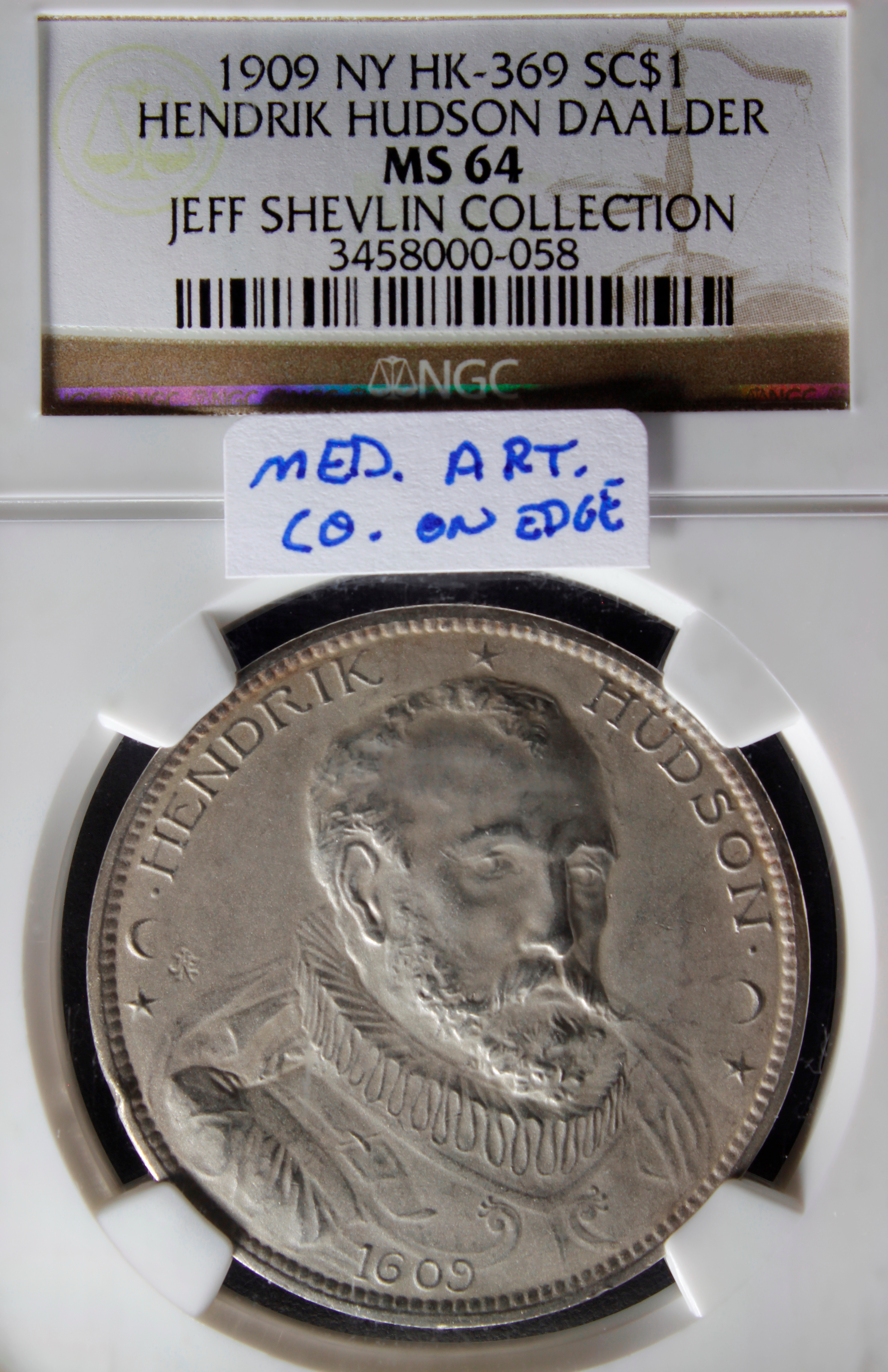 HK-369 1909 Hendrik Hudson Daalder Silver “MED. ART CO.” on edge