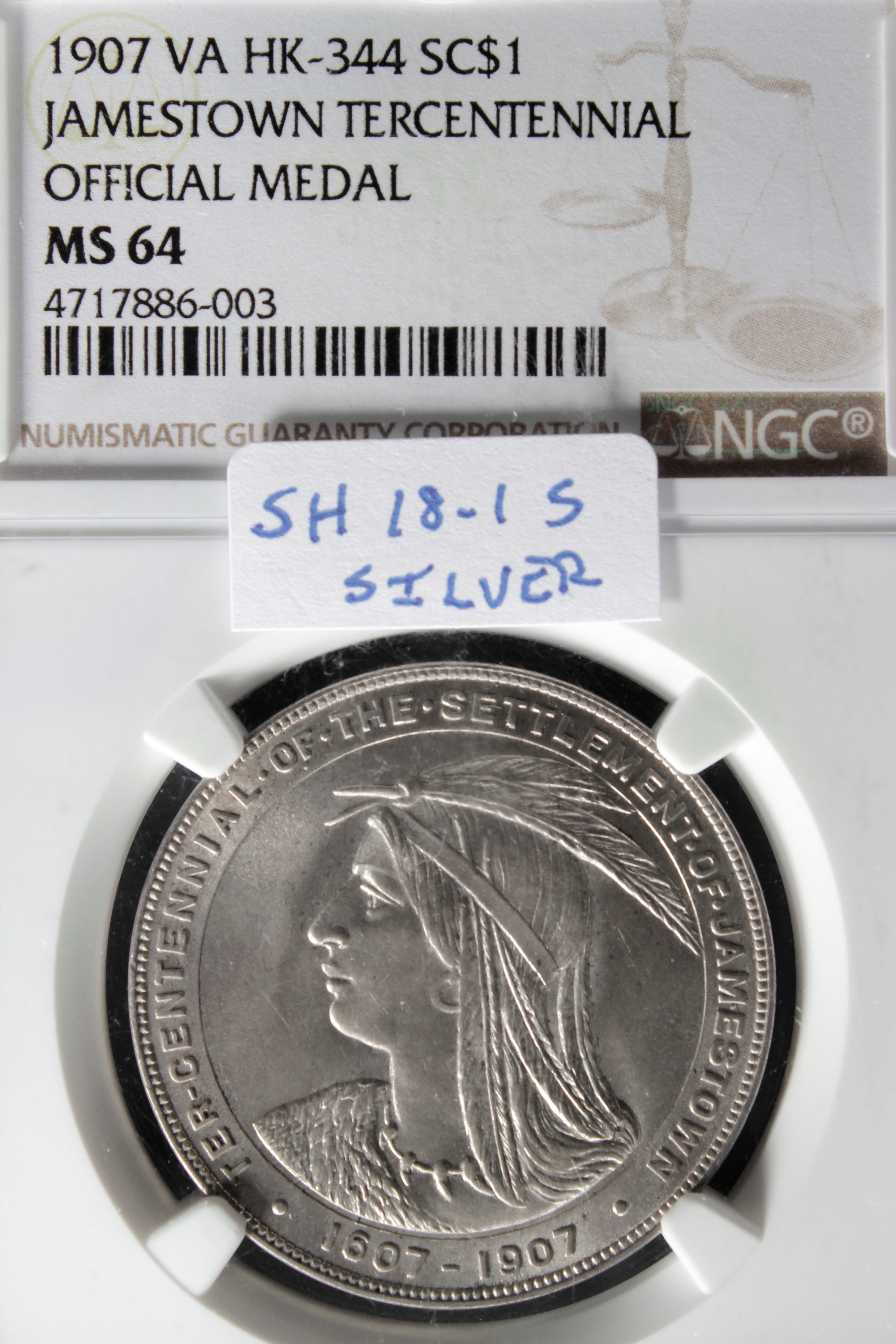 HK-344 1907 Jamestown Ter-Centennial Exposition Pocahontas Official SCD