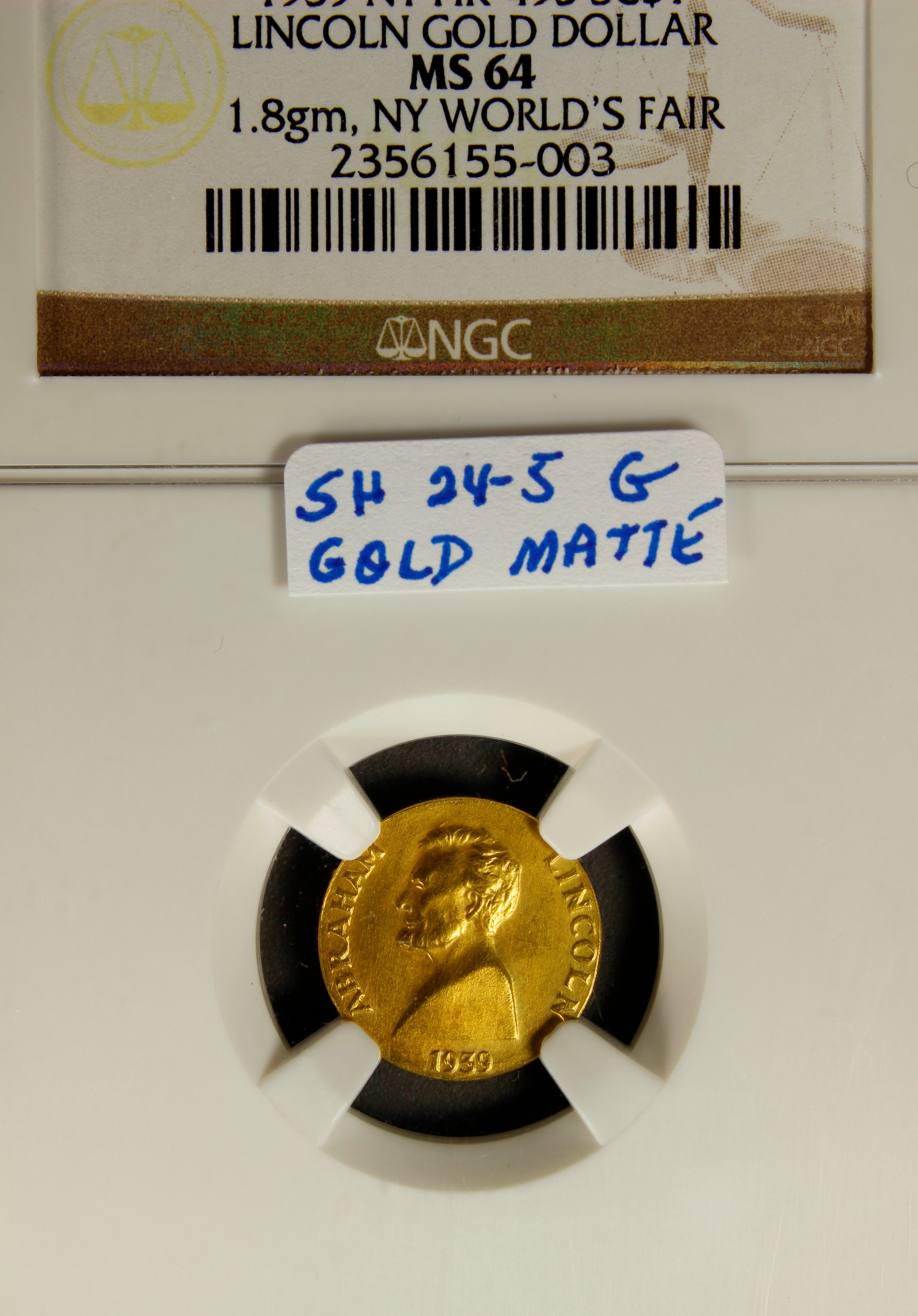 HK-493 1939 NYWF Abraham Lincoln – Gold Matte SCD
