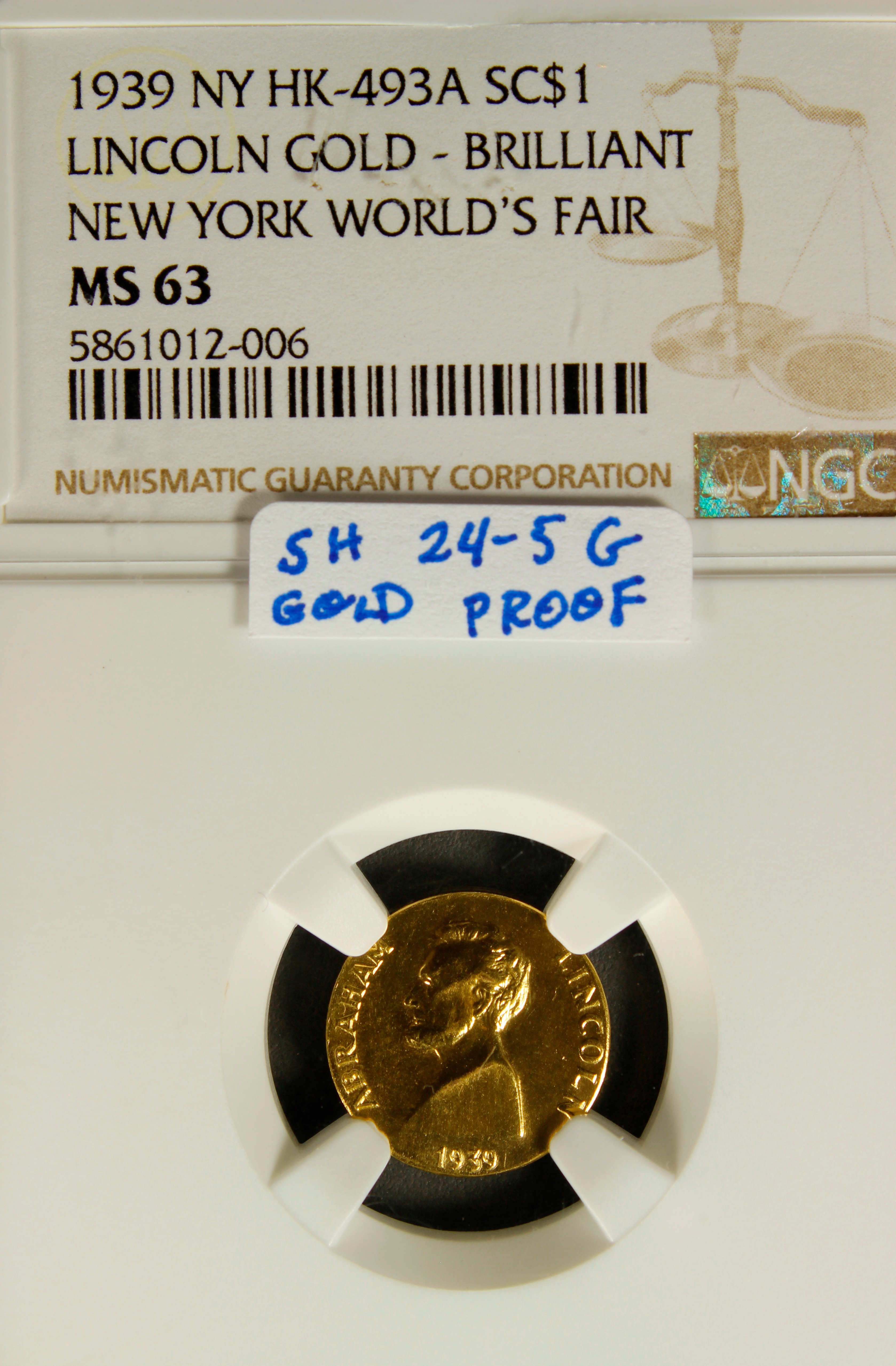 HK-493A 1939 NYWF Abraham Lincoln – Gold Proof SCD